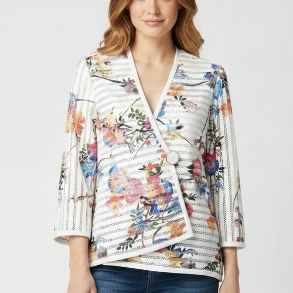 Joseph Ribkoff Asymmetrical Garden Floral Mesh Blazer | Size 8 - Picture 2 of 9